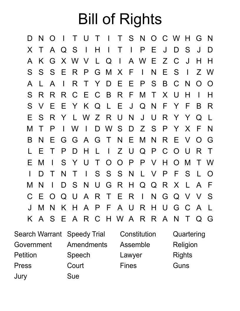 Bill Of Rights Word Search WordMint