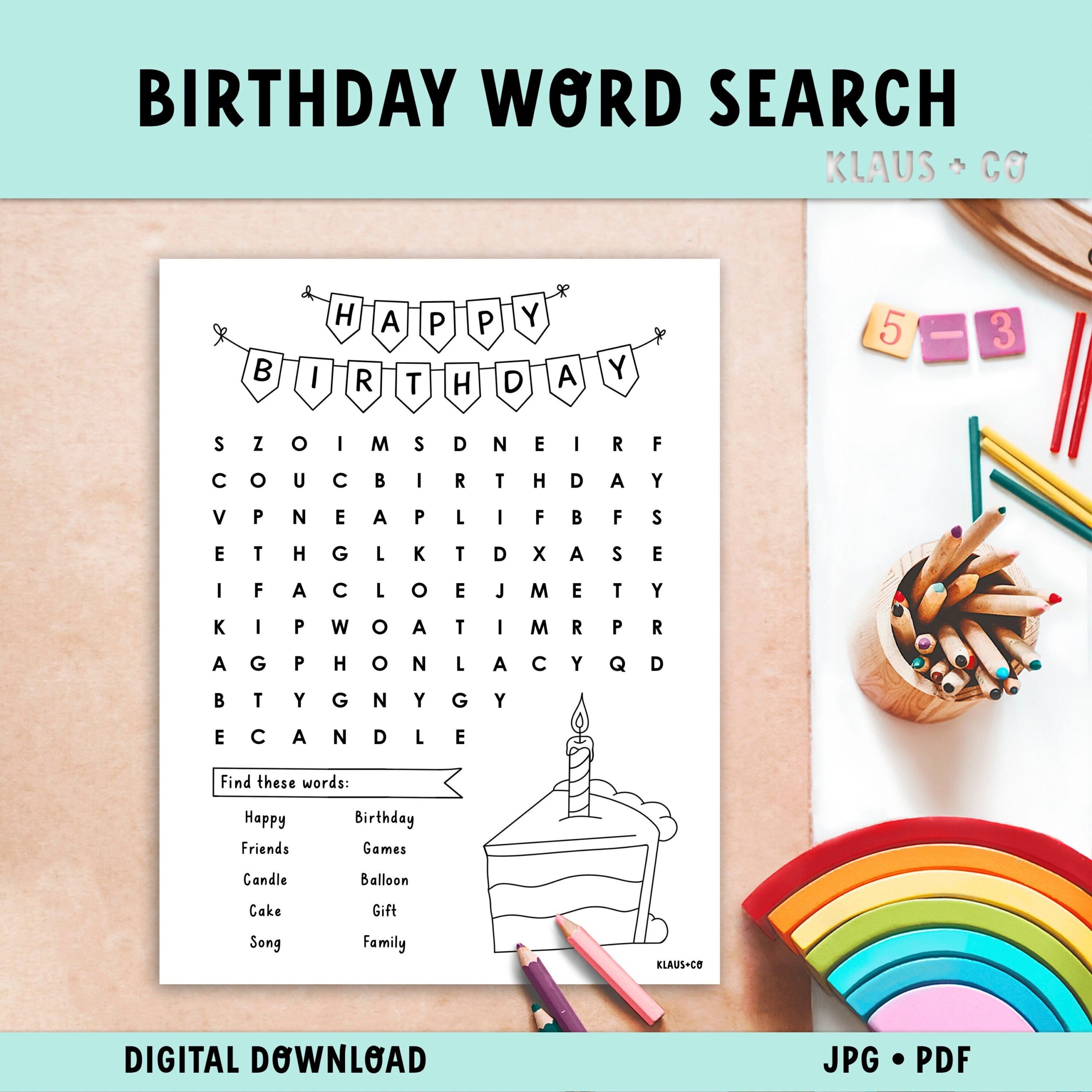 Birthday Word Search Coloring Page Printable Activity Etsy