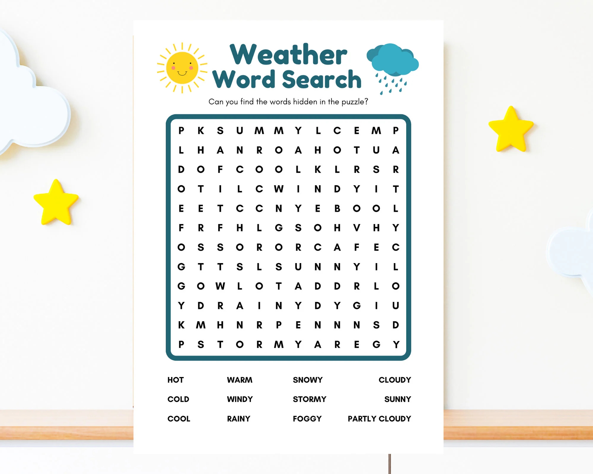Blue Weather Word Search Worksheet Printable Games Instant Download Etsy