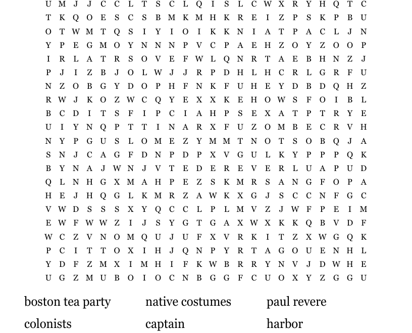 Boston Tea Party Word Search WordMint