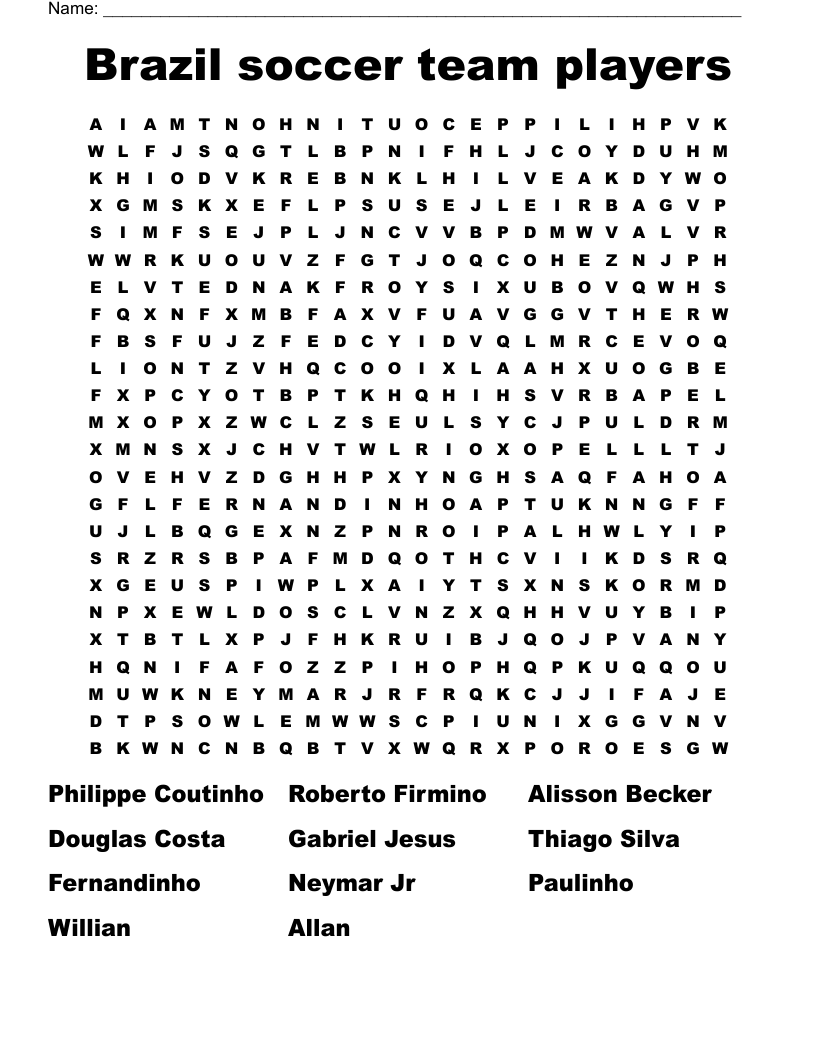 Brazil Soccer Team Players Word Search WordMint