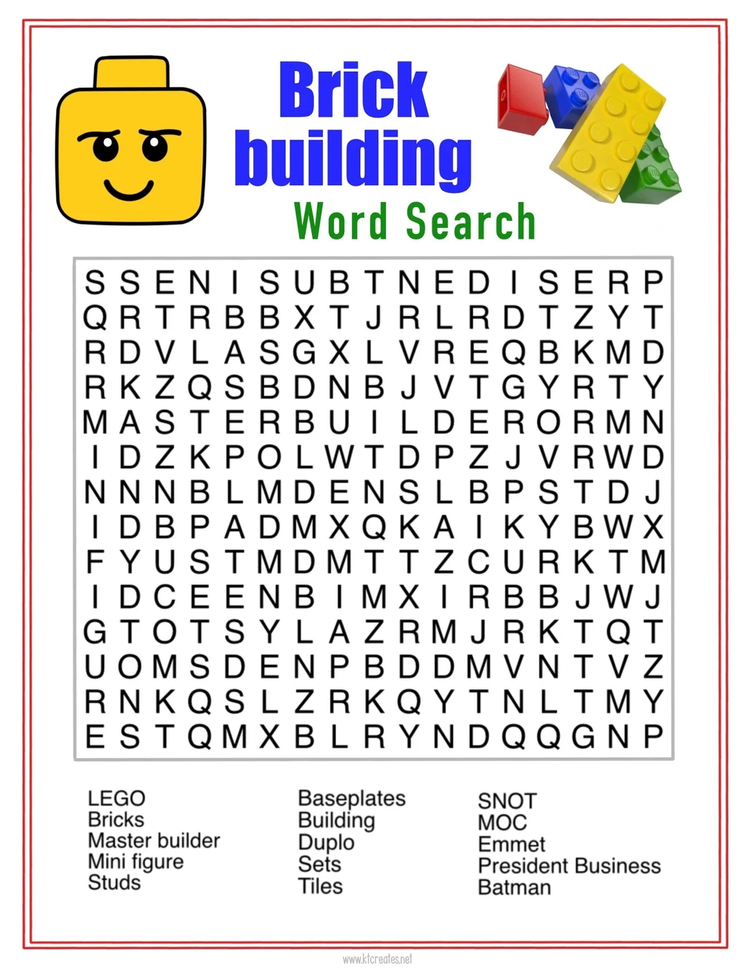 Free Printable Lego Word Searches
