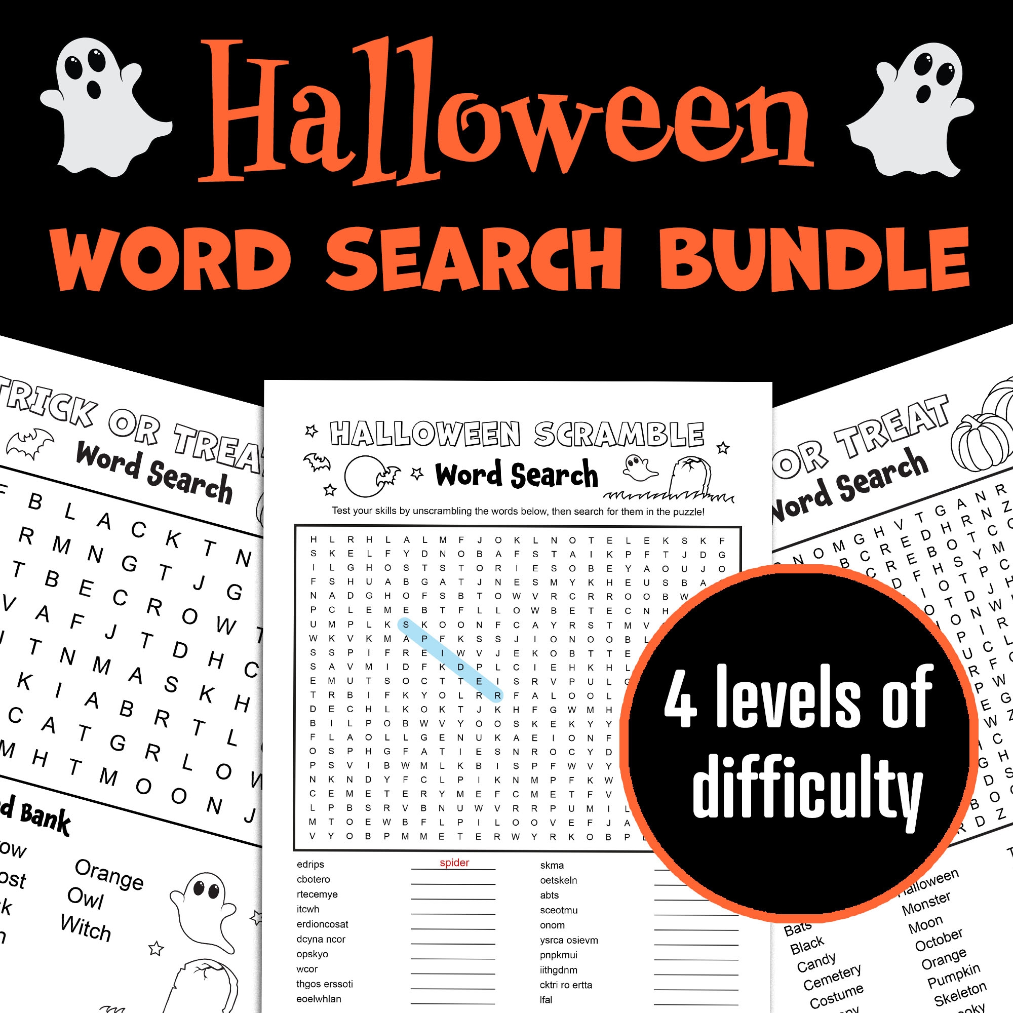 BUNDLE Halloween Word Search Fall Word Scramble Easy Medium Hard October Activities Classful
