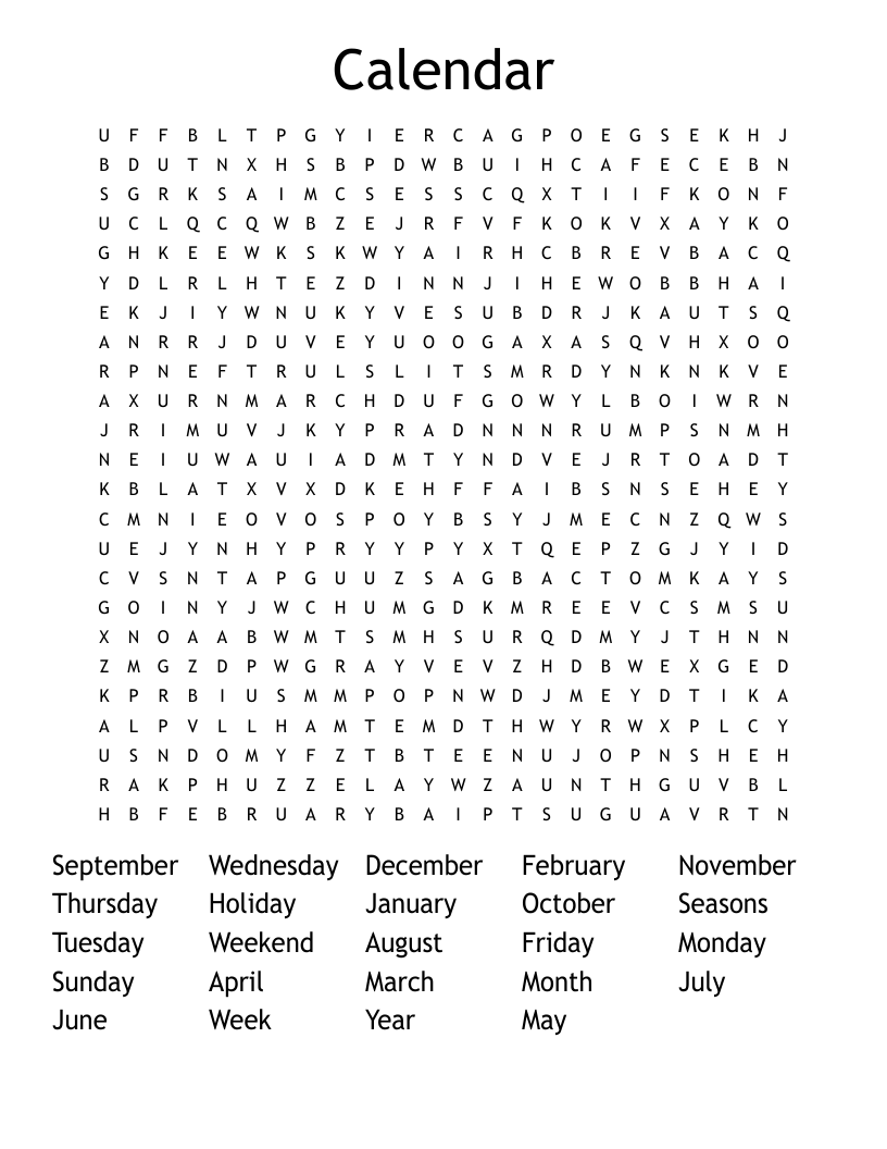 Calendar Word Search WordMint