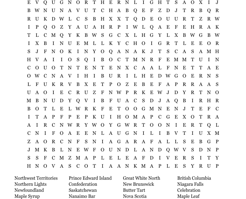 Canada Day Word Search Hard WordMint