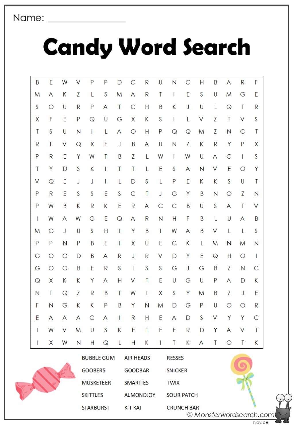 Candy Word Search Monster Word Search Worksheets Library