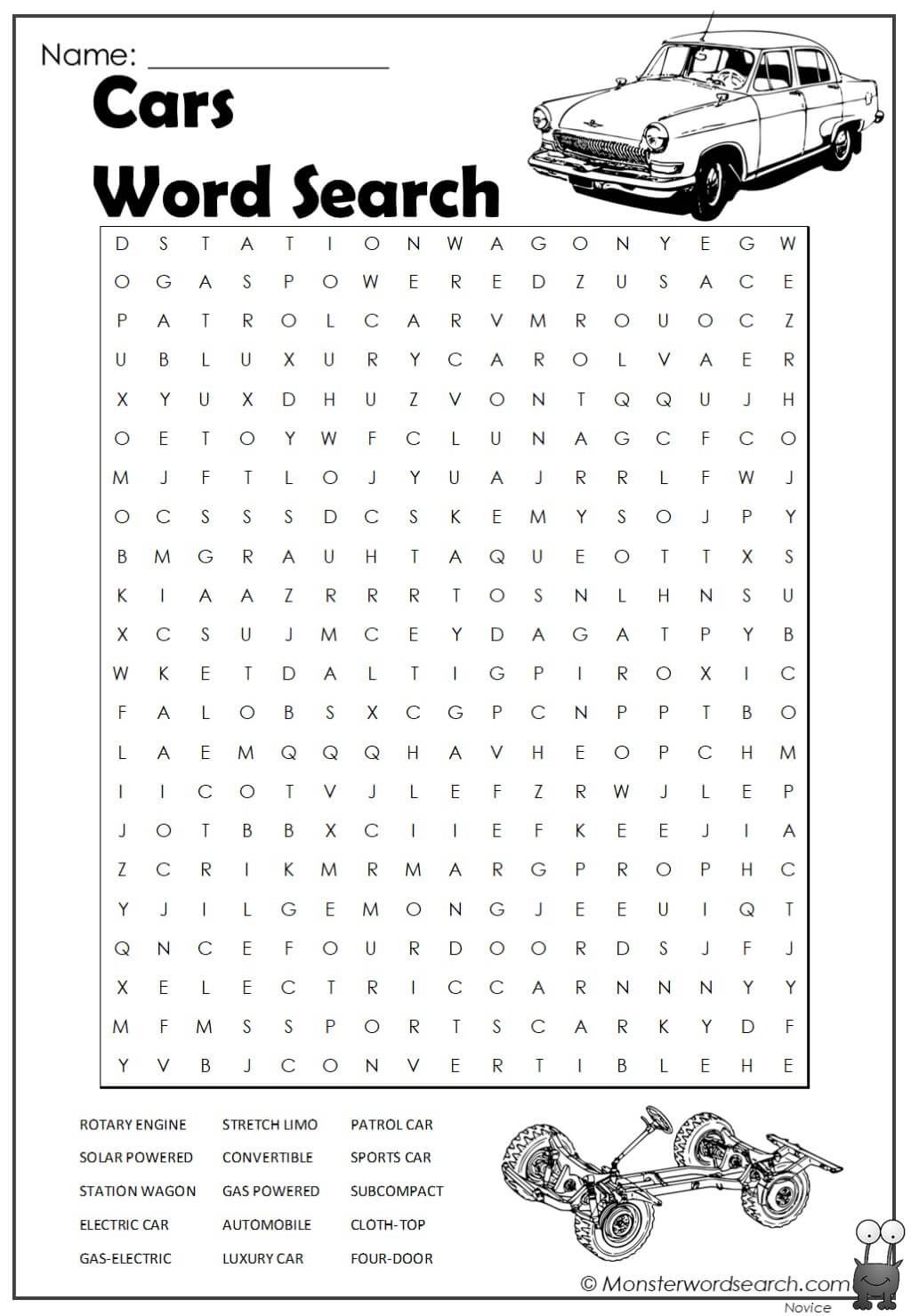Car Parts Word Search Monster Word Search