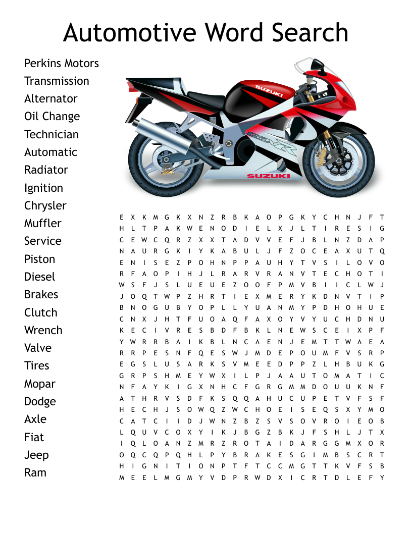 CAR PARTS Word Search WordMint