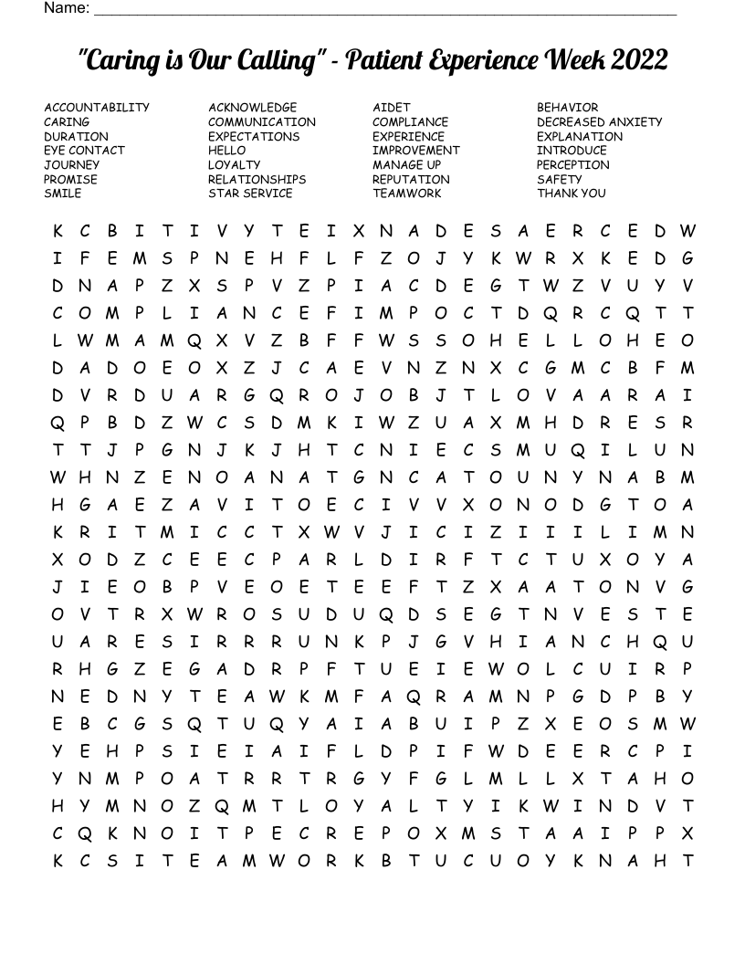 Caring Is Our Calling Patient Experience Week 2022 Word Search WordMint