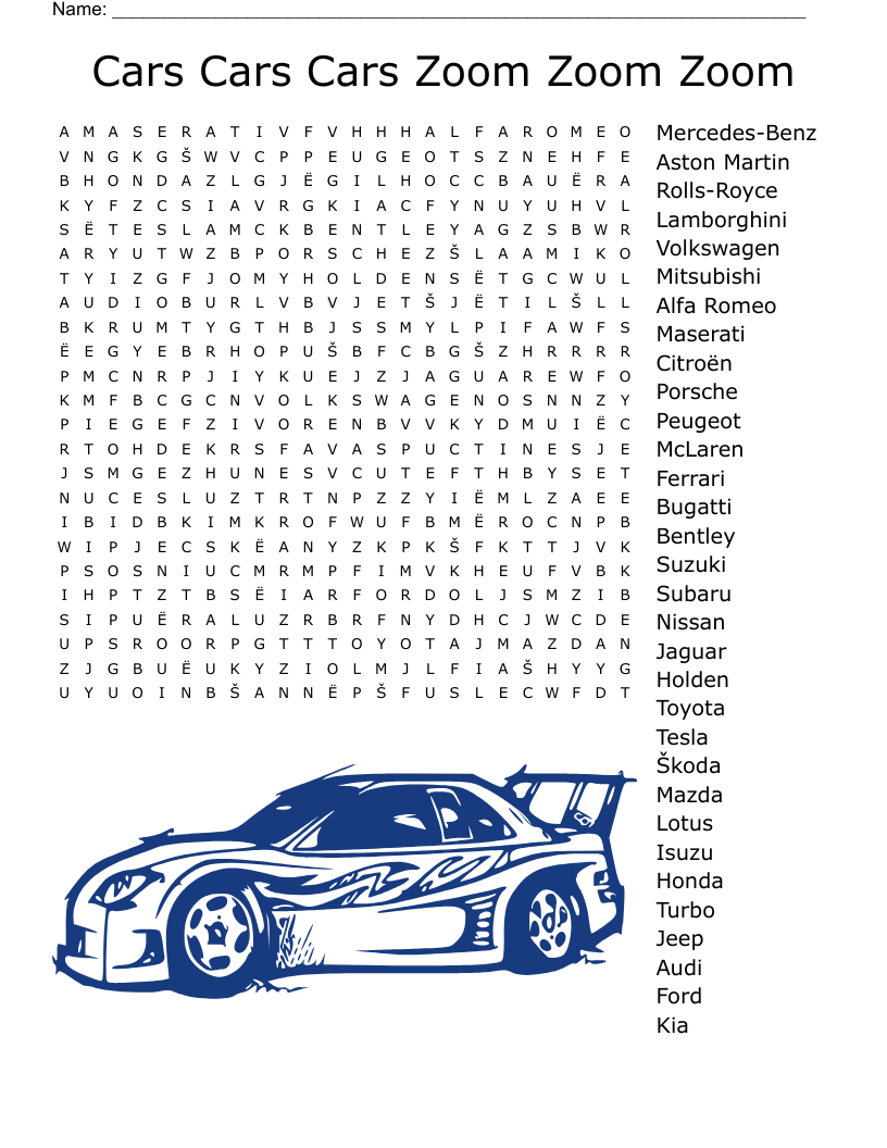 Cars Cars Cars Zoom Zoom Zoom Word Search WordMint