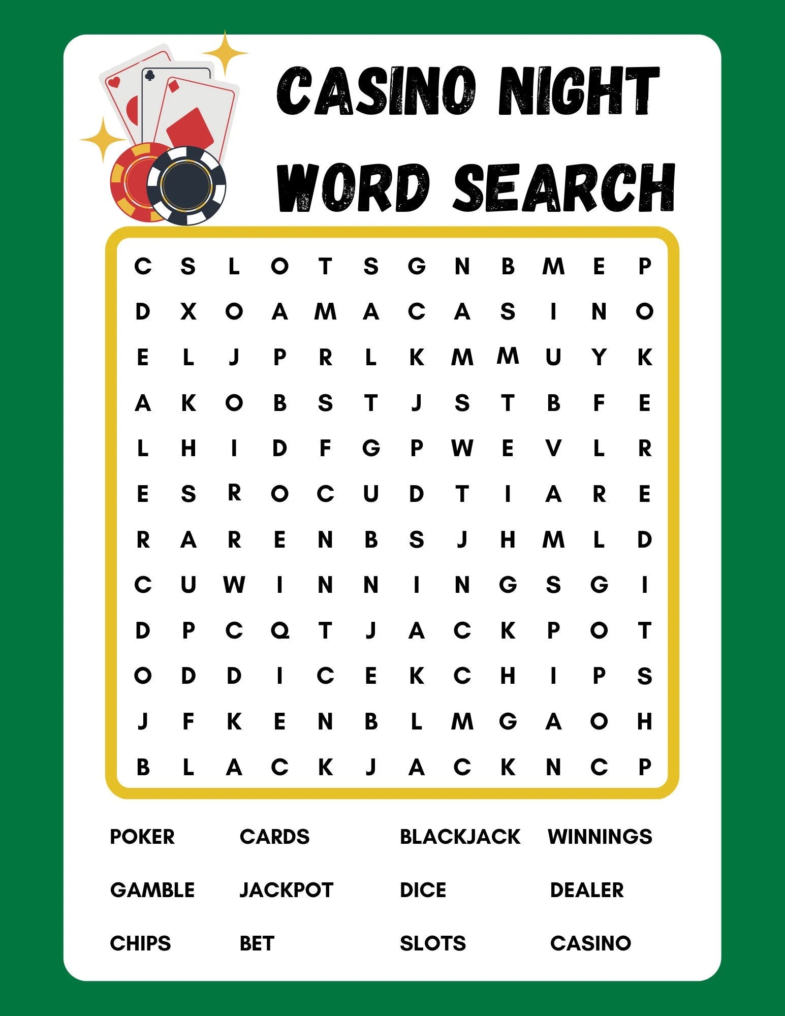 Casino Night Word Search Printable Instant Download PDF Etsy