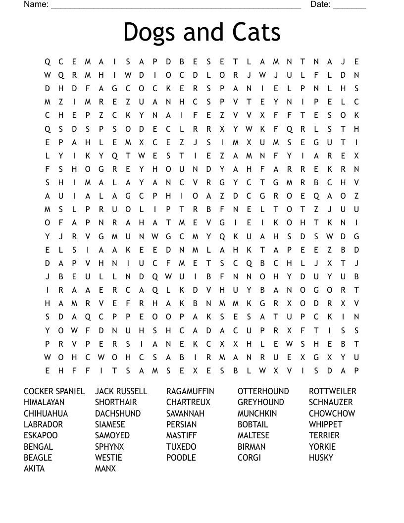 Cat Breeds Word Search WordMint