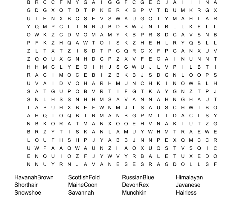 Cat Breeds Word Search WordMint