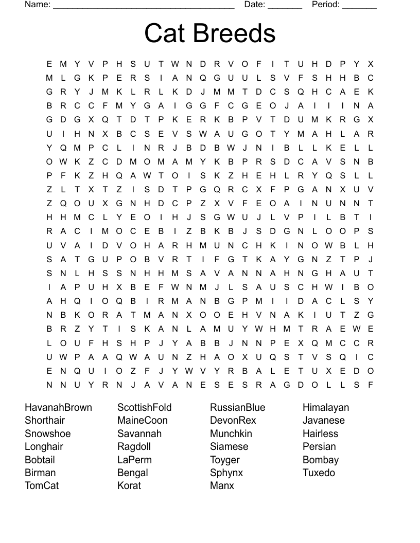 Cat Breeds Word Search WordMint