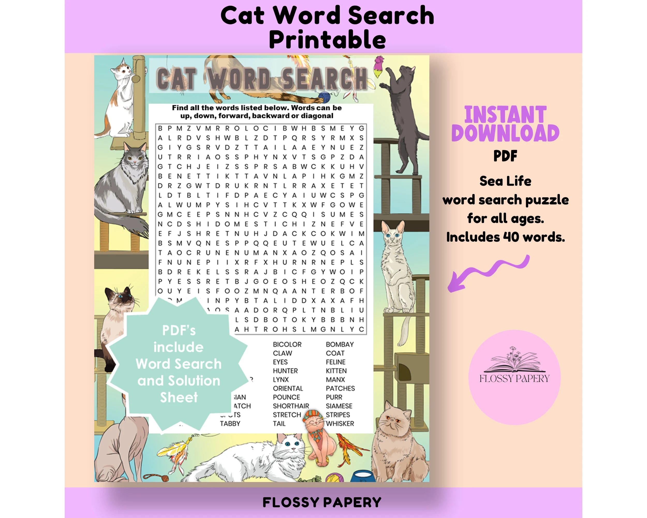 Cat Word Search Printable PDF Large Word Search Puzzle Etsy