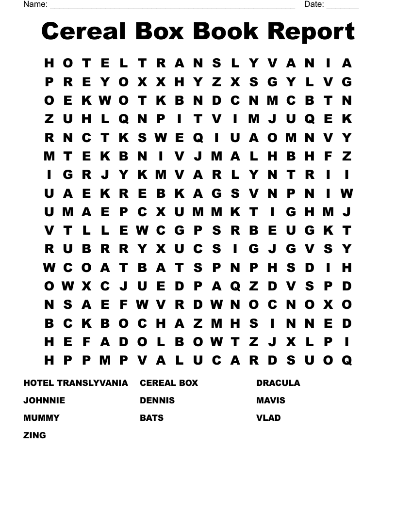 Cereal Box Book Report Puzzle Word Search WordMint