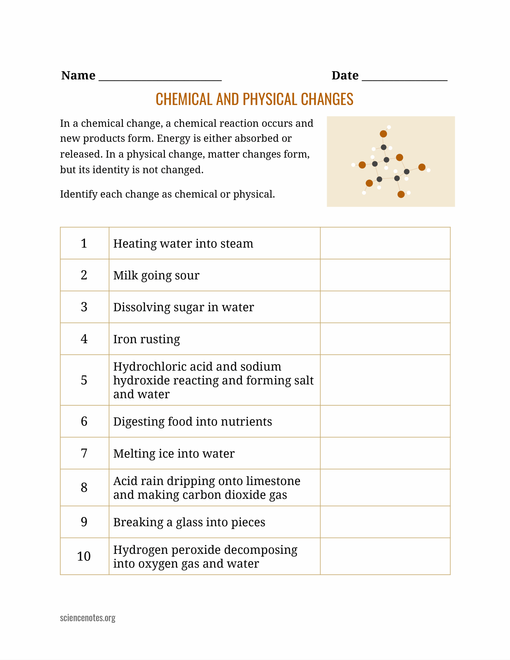 chemical and physical changes of matter worksheets library