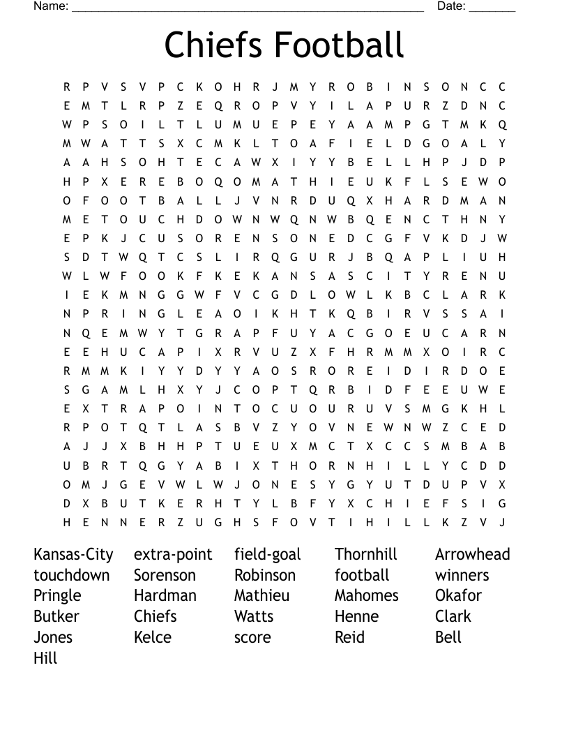 Chiefs Football Word Search WordMint
