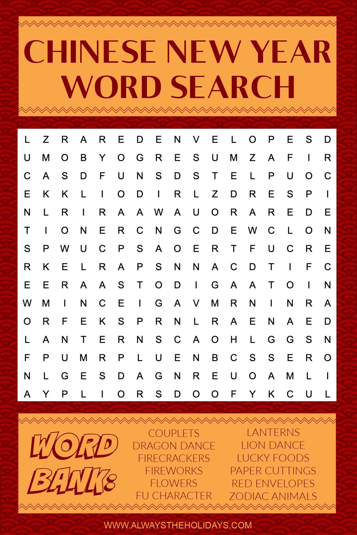 Chinese New Year Word Search Free Printable With Answer Key