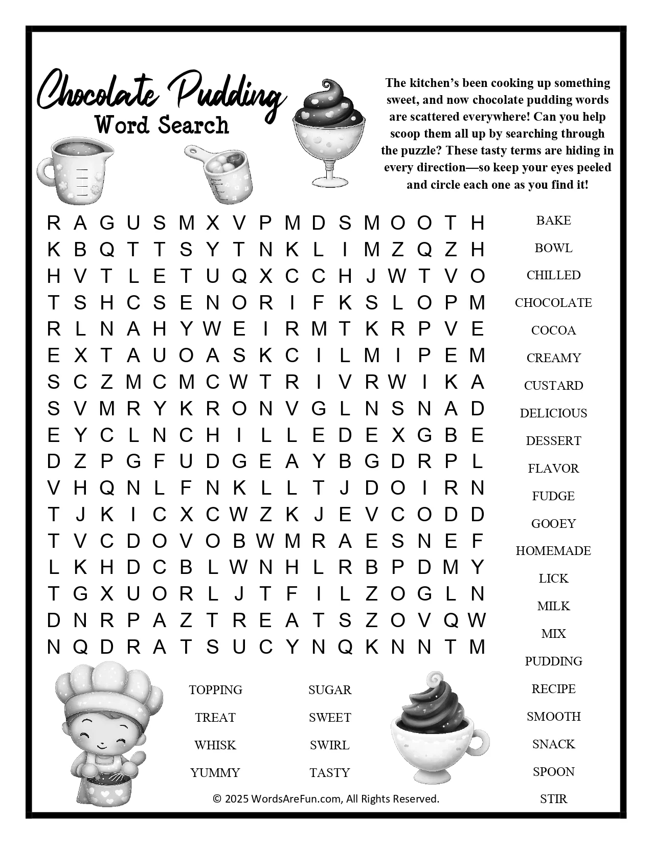 Chocolate Pudding Day Word Search Printable Fun Dessert Activity For Kids Classrooms Payhip