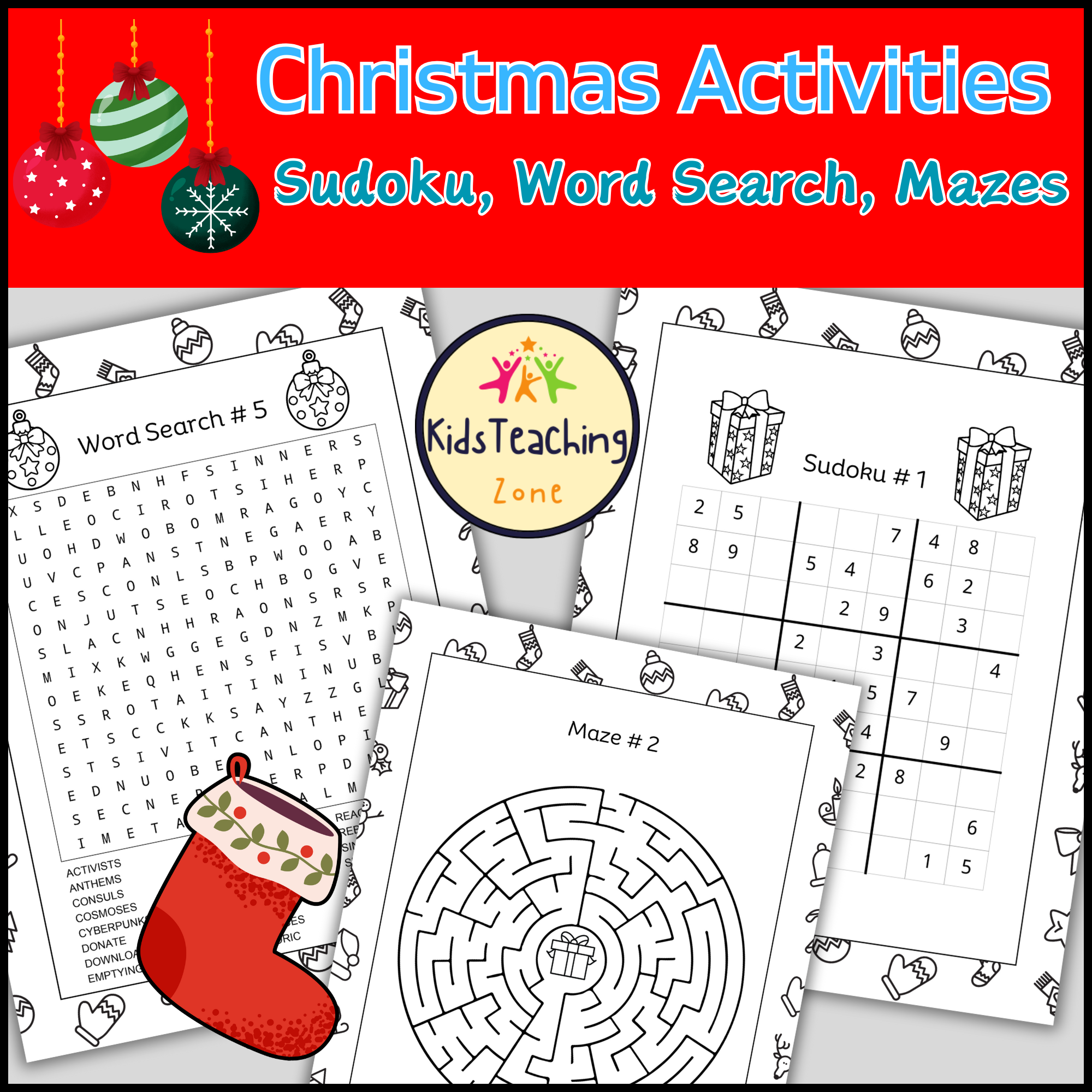 Christmas Activities Pages Sudoku Word Search And Mazes Teaching Resources