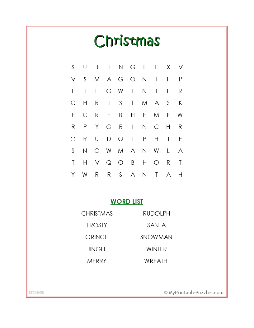 Christmas Word Search Beginner My Printable Puzzles