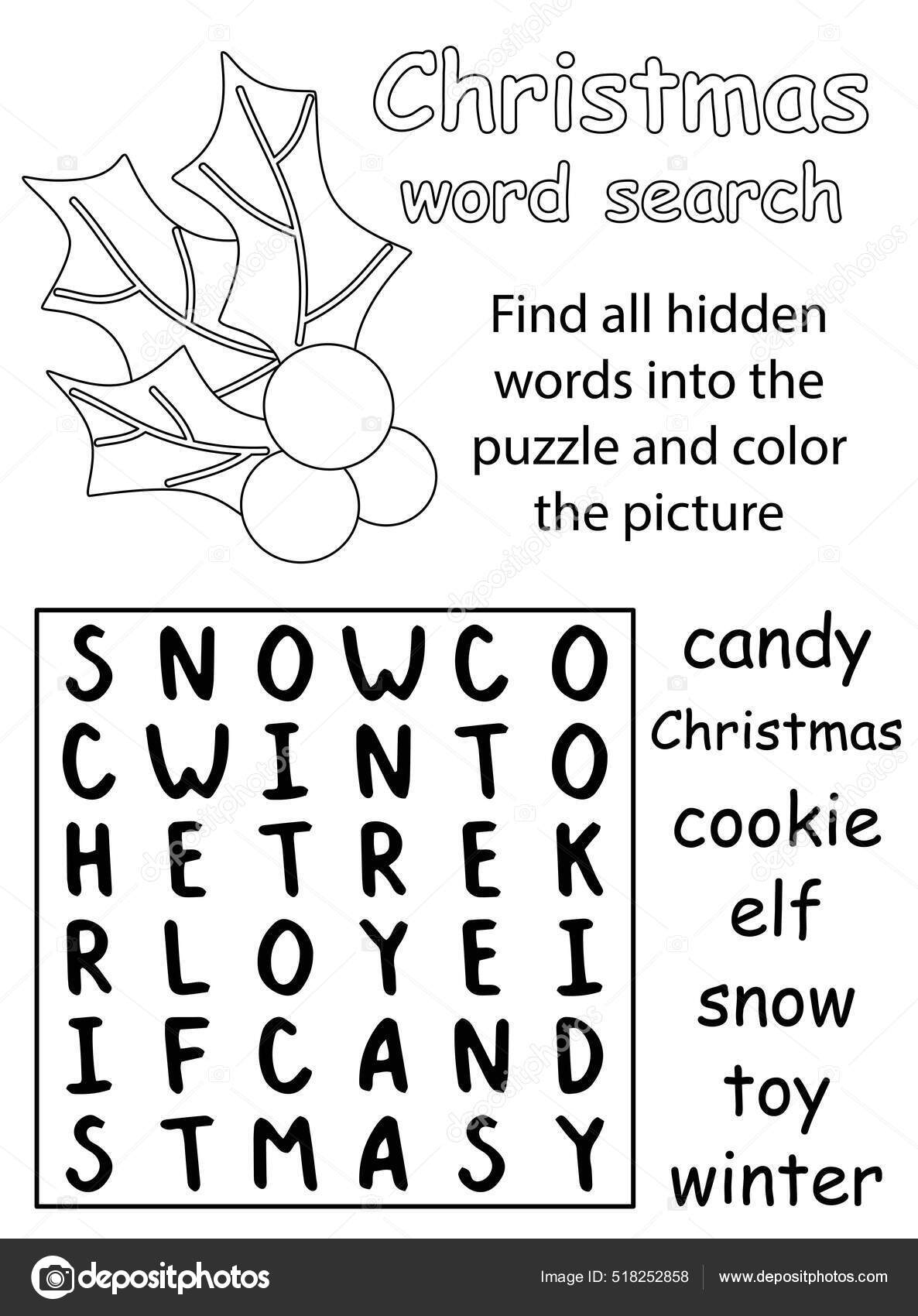 Christmas Word Search Puzzle For Children Black And White Printable Worksheet Vector Illustration Funny Word Game In English And Coloring Educational Activity Page For Kids Stock Vector By Funfish yandex ru 518252858