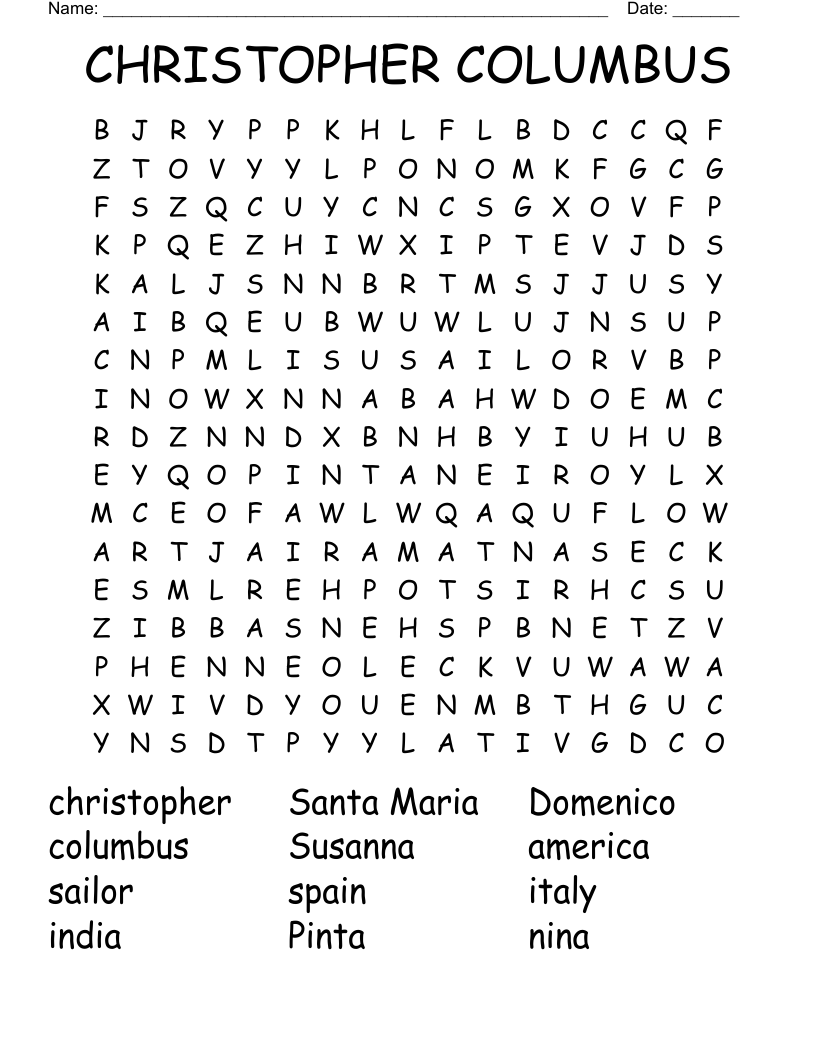 Christopher Columbus Word Search WordMint