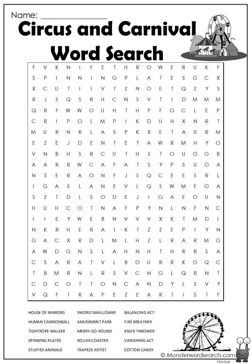Circus And Carnival Word Search Monster Word Search