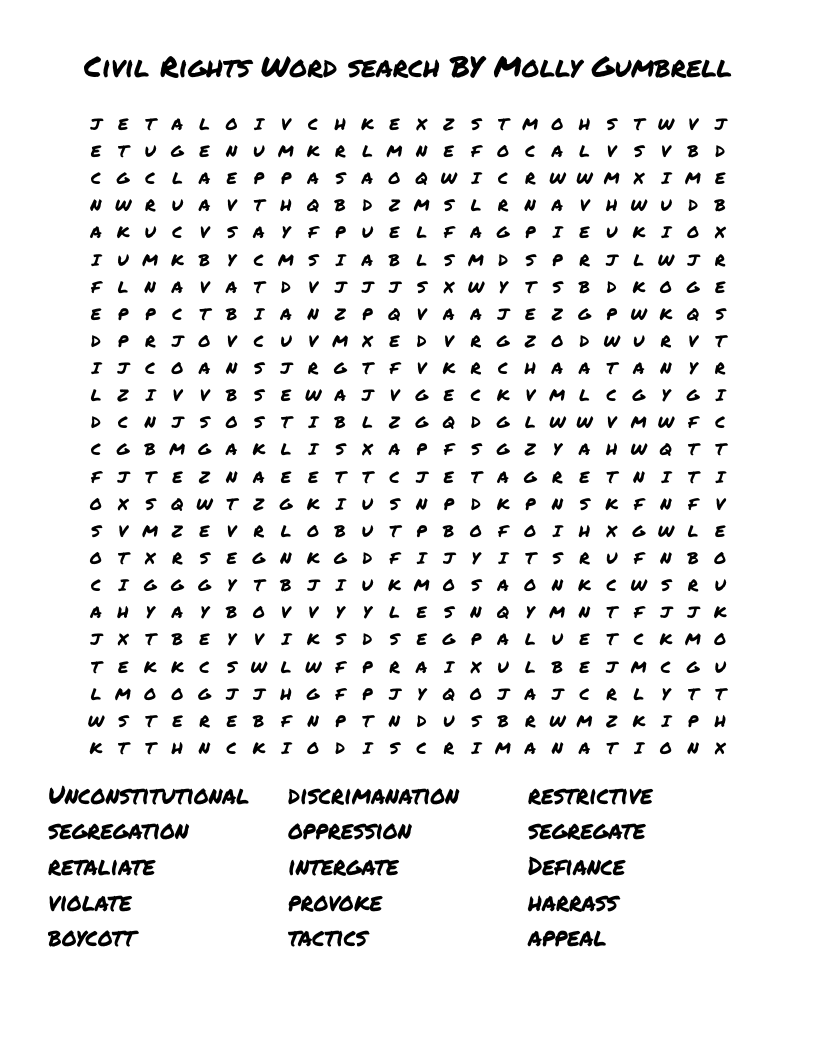 Civil Rights Word Search BY Molly Gumbrell WordMint