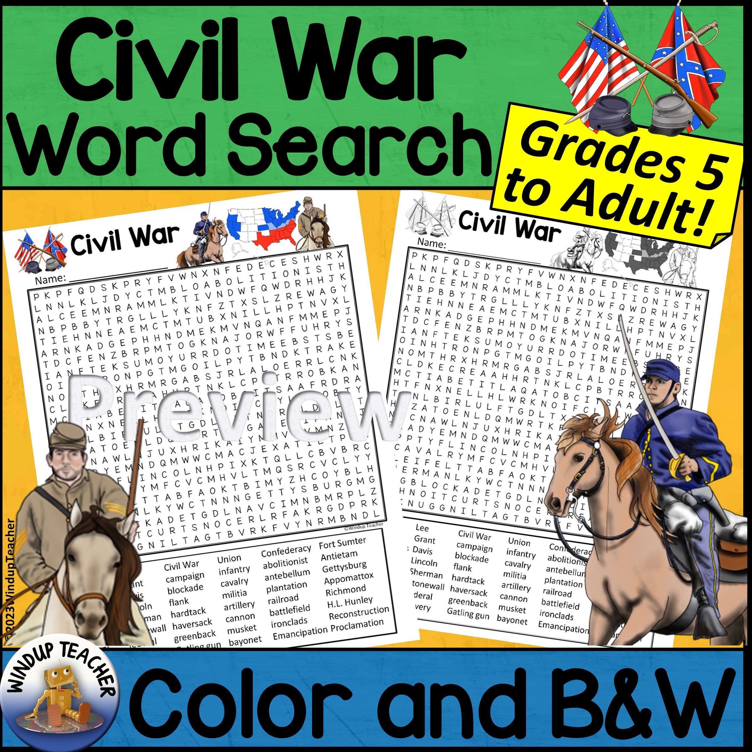 civil war word search hard for grades 5 and up made by teachers