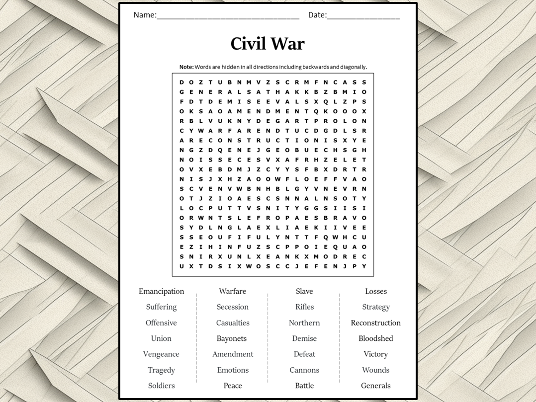Civil War Word Search Puzzle Worksheet Activity Teaching Resources