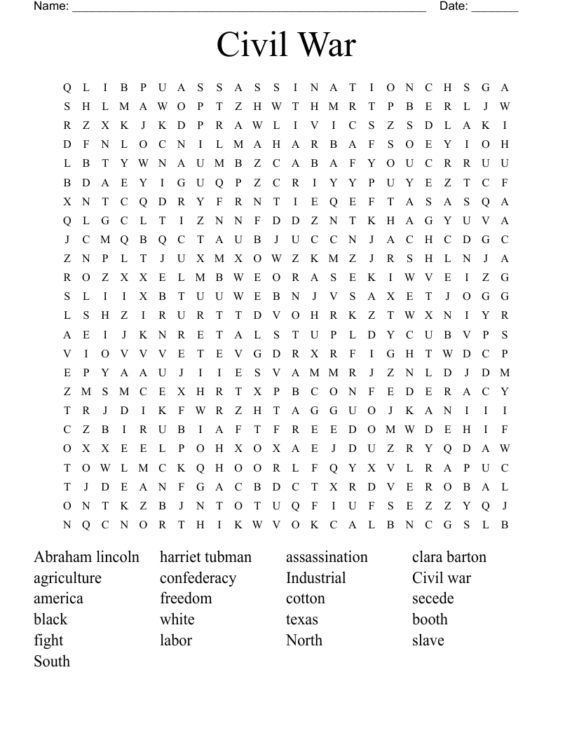 Civil War Word Search WordMint