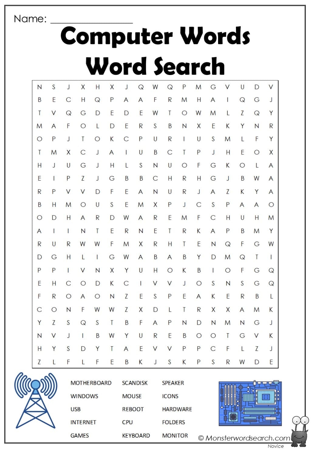 Computer Words Word Search Monster Word Search