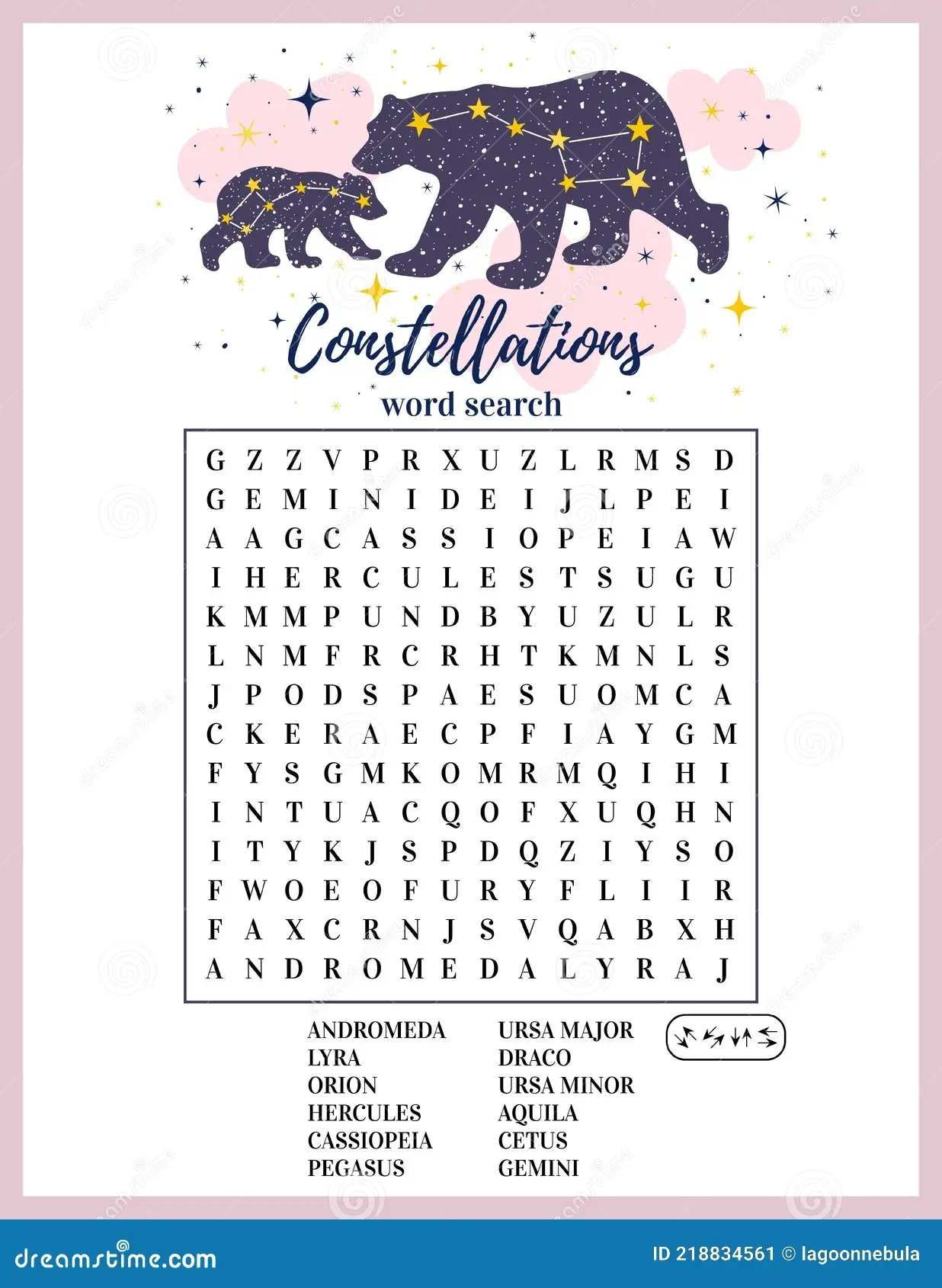 Constellations Word Search Puzzle Educational Logic Game Printable Worksheet For Learning English Words About Space Stock Vector Illustration Of Astronomy Education 218834561