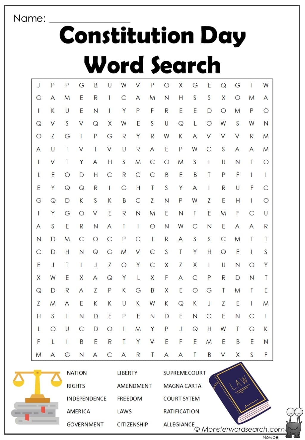 Constitution Day Word Search Monster Word Search Worksheets Library