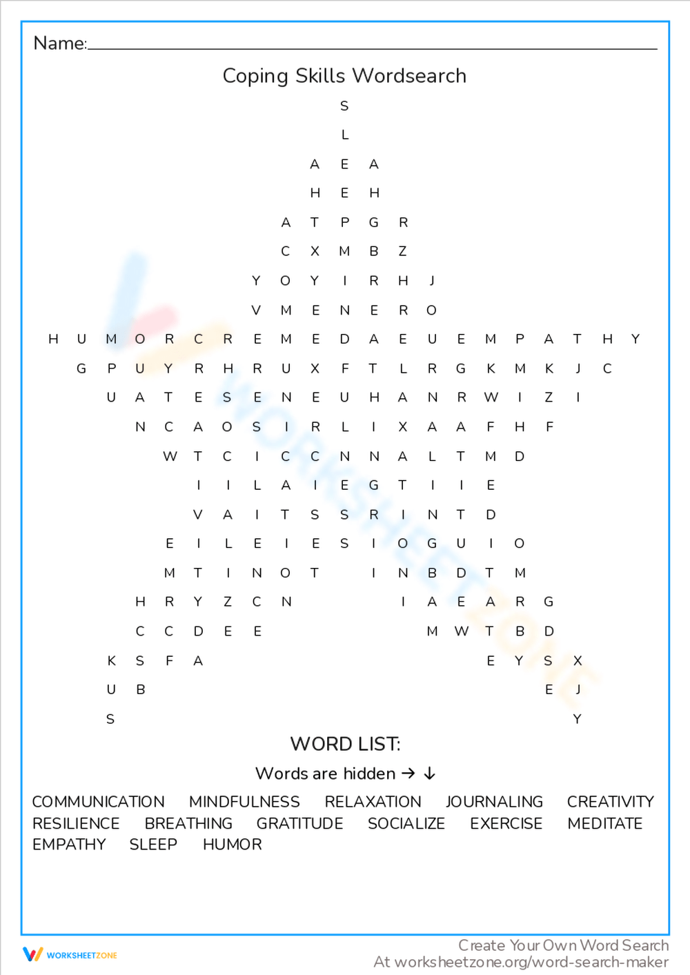 Coping Skills Wordsearch Worksheet
