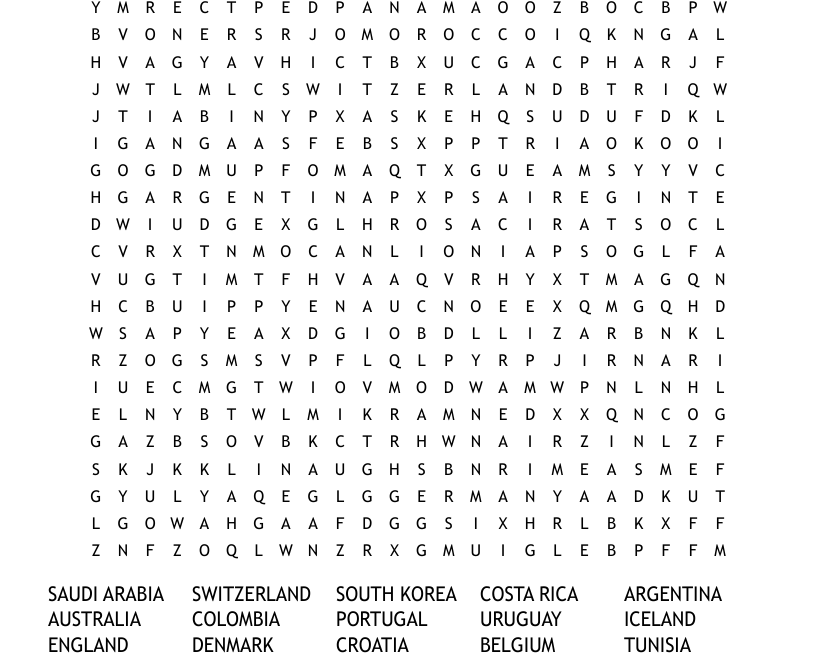 Countries Of The 2018 FIFA World Cup Word Search WordMint