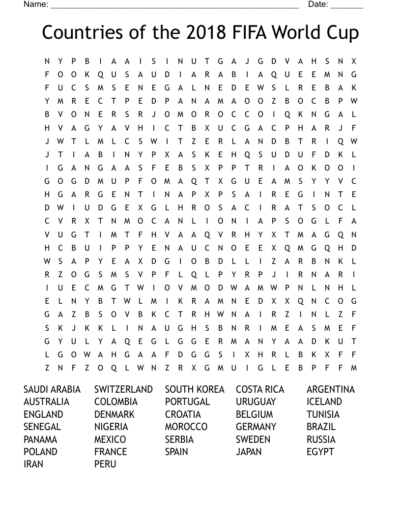 Countries Of The 2018 FIFA World Cup Word Search WordMint