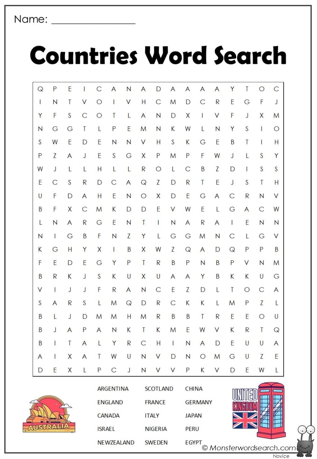 Countries Word Search Monster Word Search Worksheets Library