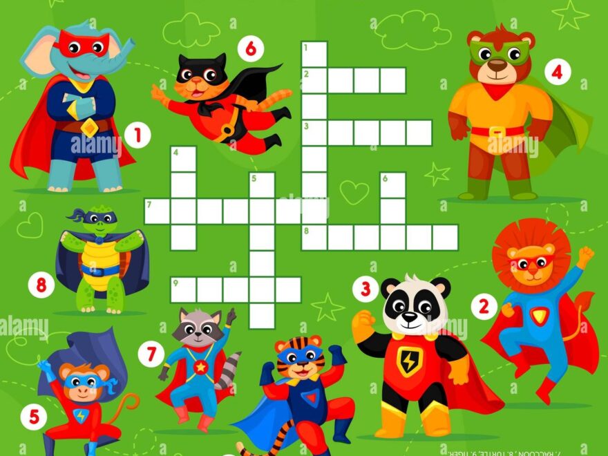 Crossword Grid Superhero Cartoon Animal Characters Quiz Game Vector Worksheet Of Find A Word Puzzle Or Riddle Game With Cute Cat Lion And Tiger Brave Bear Raccoon Panda And Elephant Super Heroes