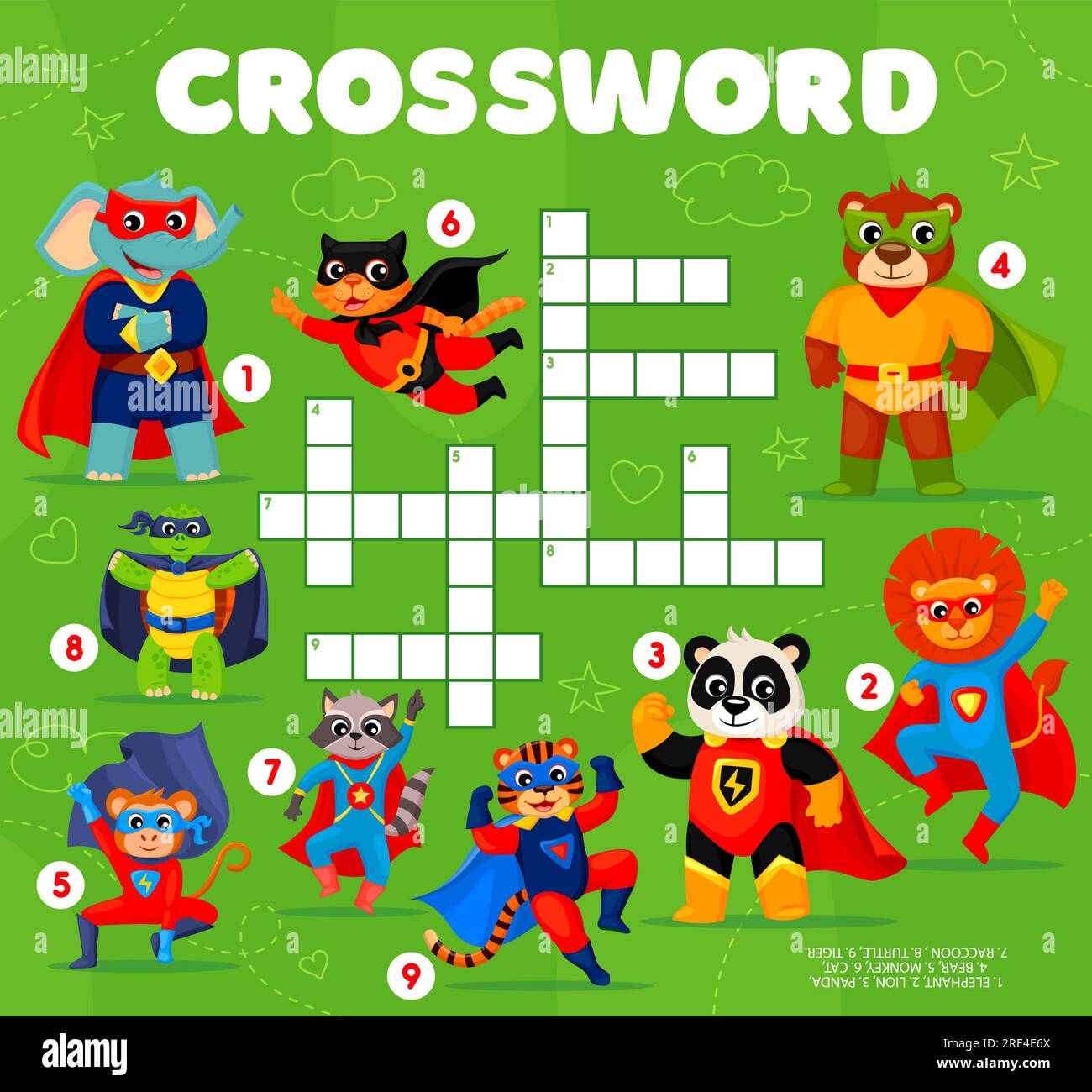 Crossword Grid Superhero Cartoon Animal Characters Quiz Game Vector Worksheet Of Find A Word Puzzle Or Riddle Game With Cute Cat Lion And Tiger Brave Bear Raccoon Panda And Elephant Super Heroes
