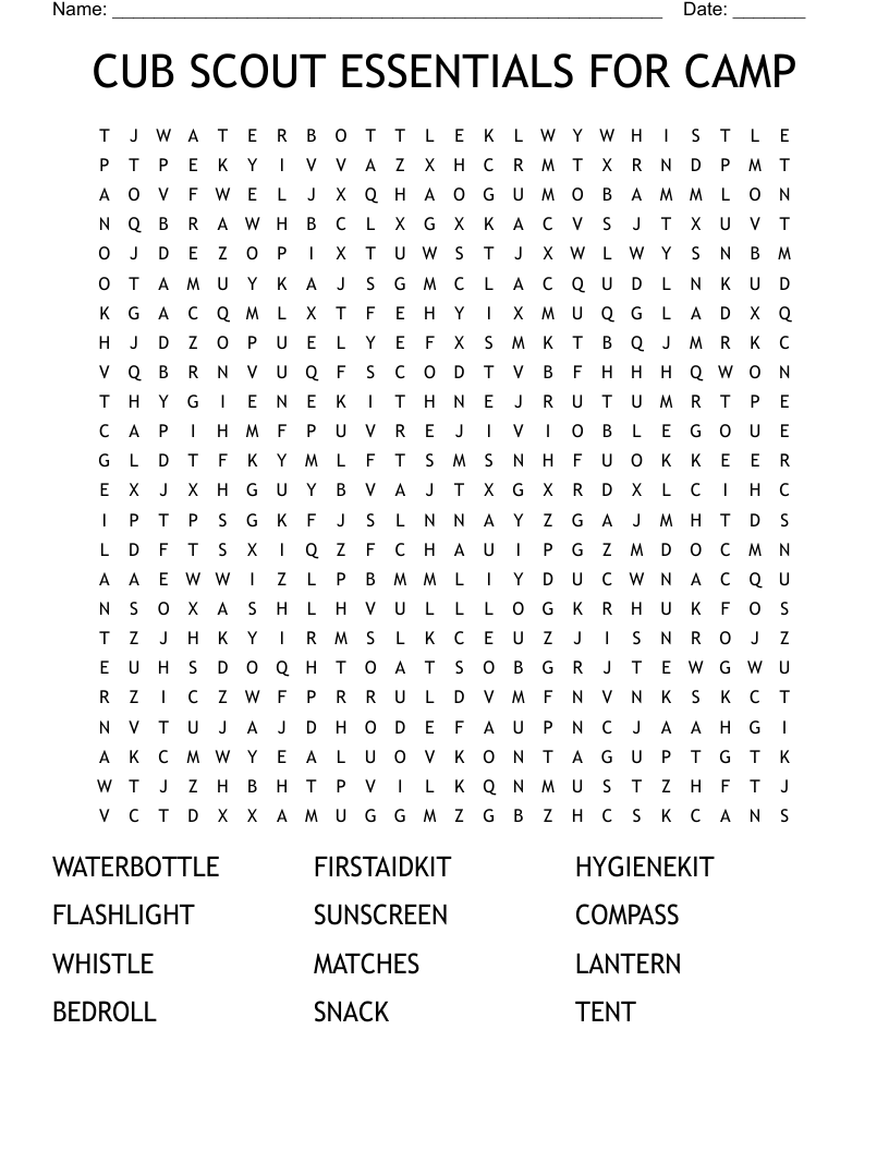 CUB SCOUT ESSENTIALS FOR CAMP Word Search WordMint