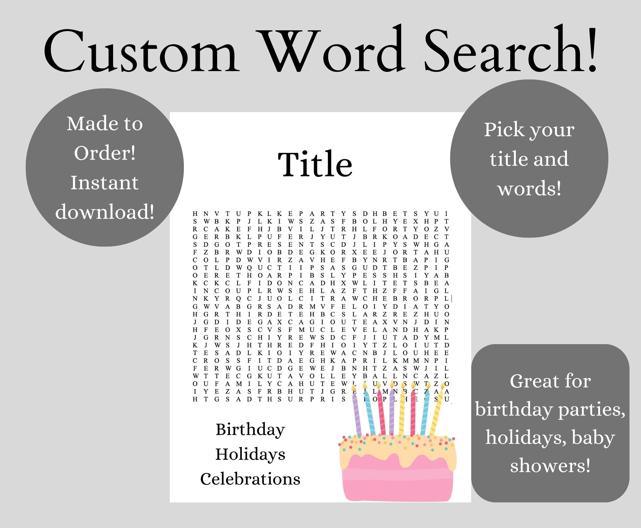 Custom Word Search Puzzle Printable Personalized Gift For Birthday Anniversary Wedding Retirement Bridal Shower Or Classroom Activity Etsy