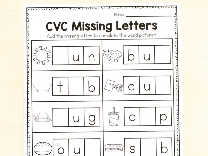 CVC Missing Letter Worksheets For Phonics Practice