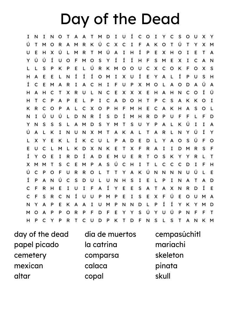 Day Of The Dead Free Printable Word Search