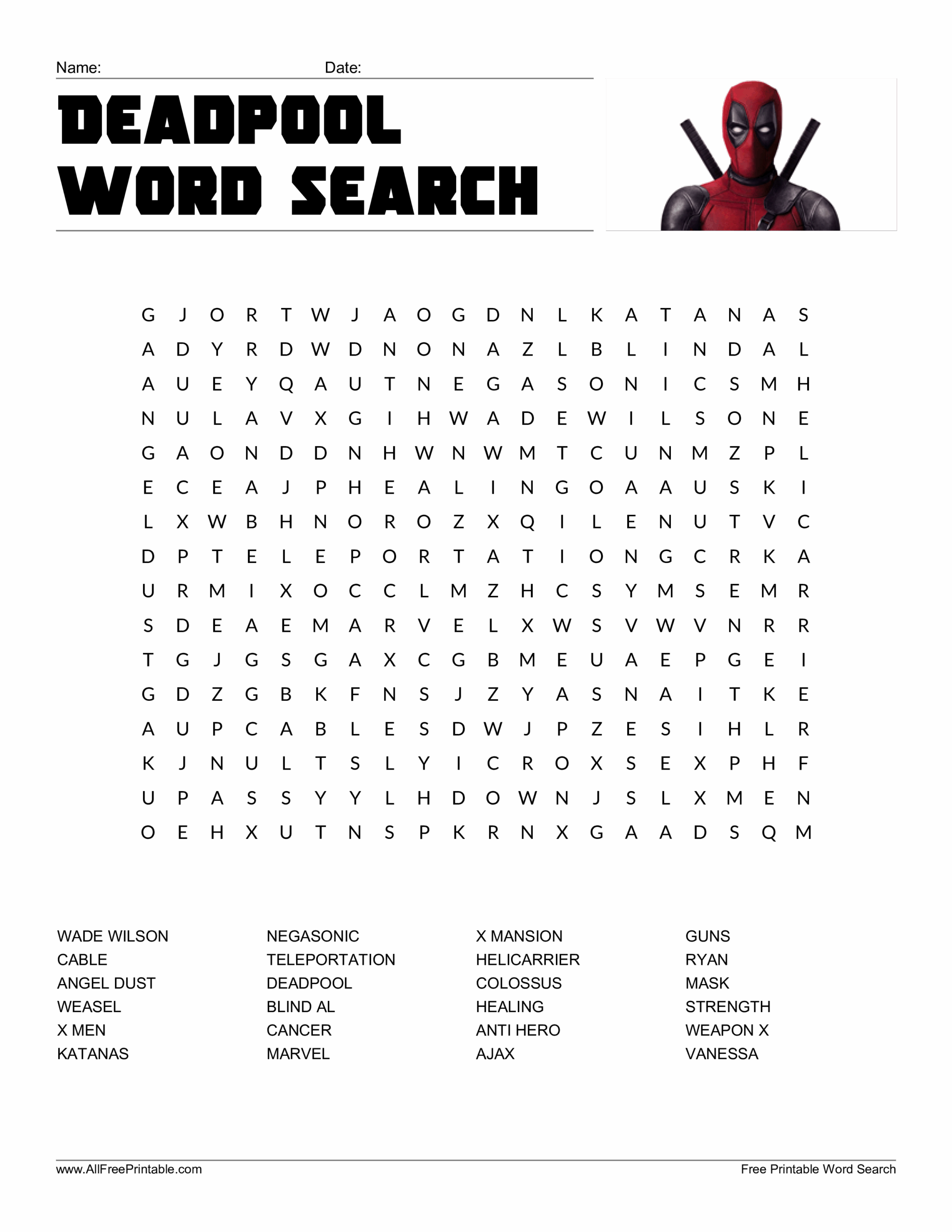Deadpool Word Search Gratis Deadpool Word Search Gratis