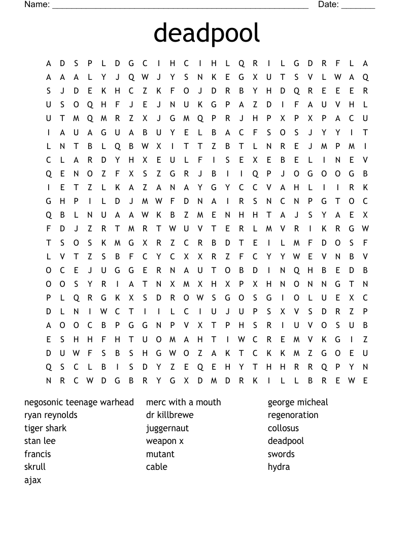 Deadpool Word Search WordMint Deadpool Word Search WordMint