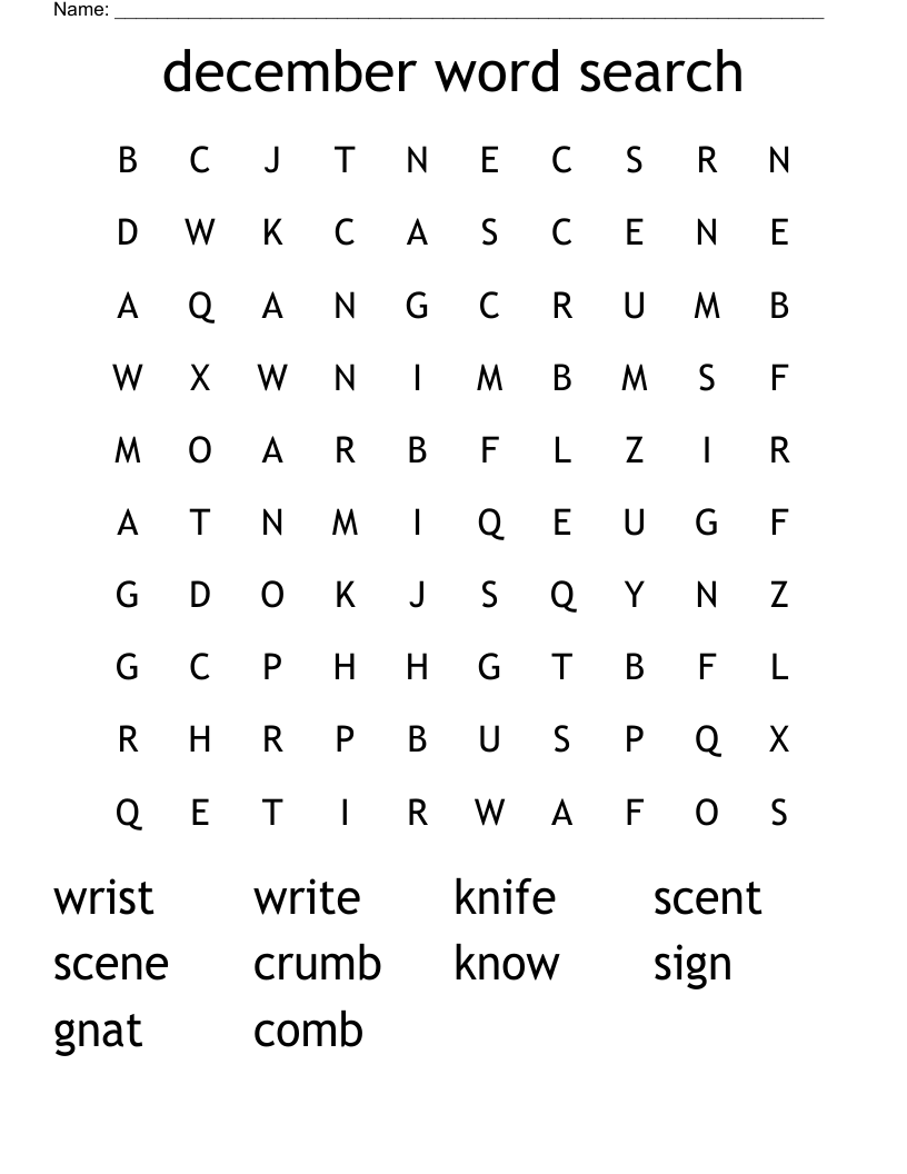 December Word Search WordMint