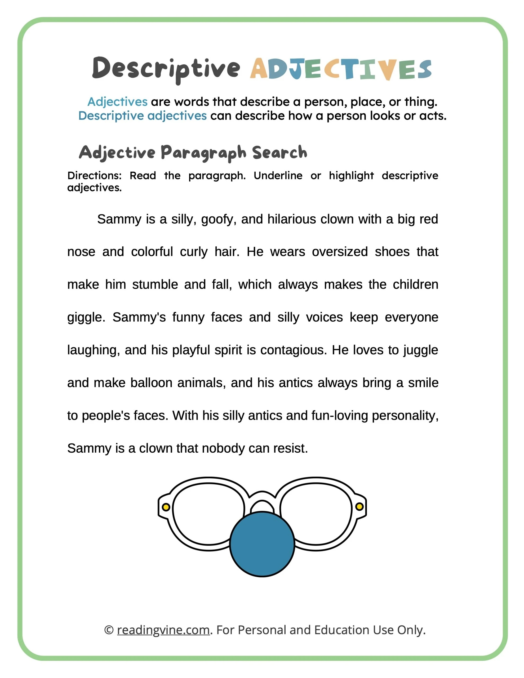 descriptive adjectives worksheets readingvine
